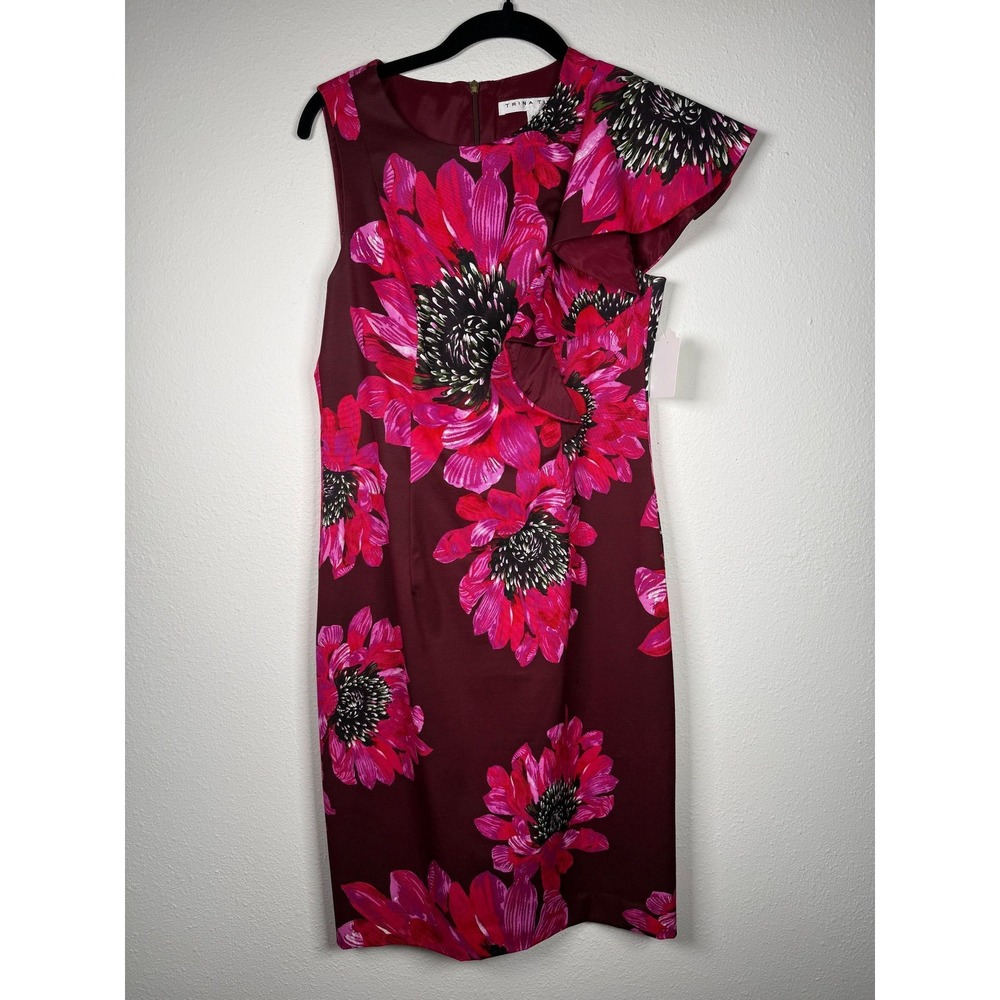 Trina Turk Burgundy Pink Floral Ruffle Cutout Sheath Dress Size 4